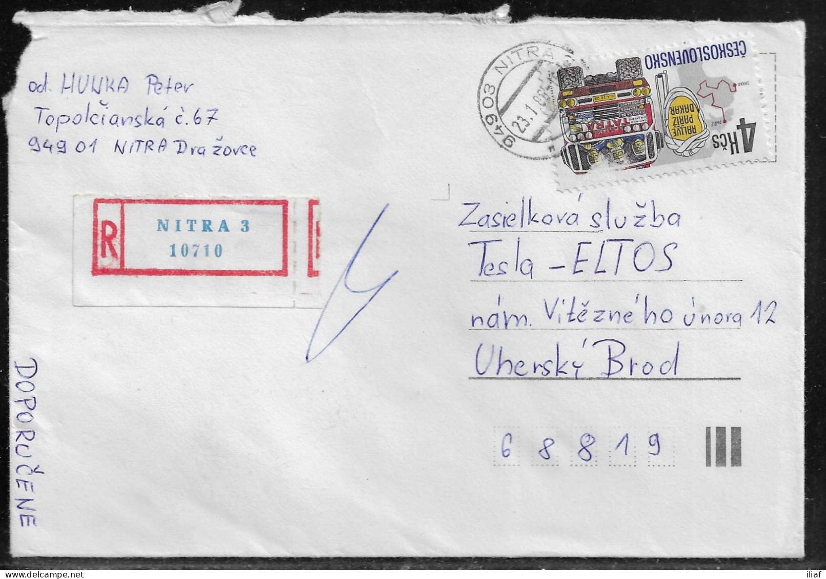 Czechoslovakia. Stamp Sc. 2728 On Registered Letter, Sent From Nitra 23.01.89 For “Tesla” Uhersky Brod. - Lettres & Documents
