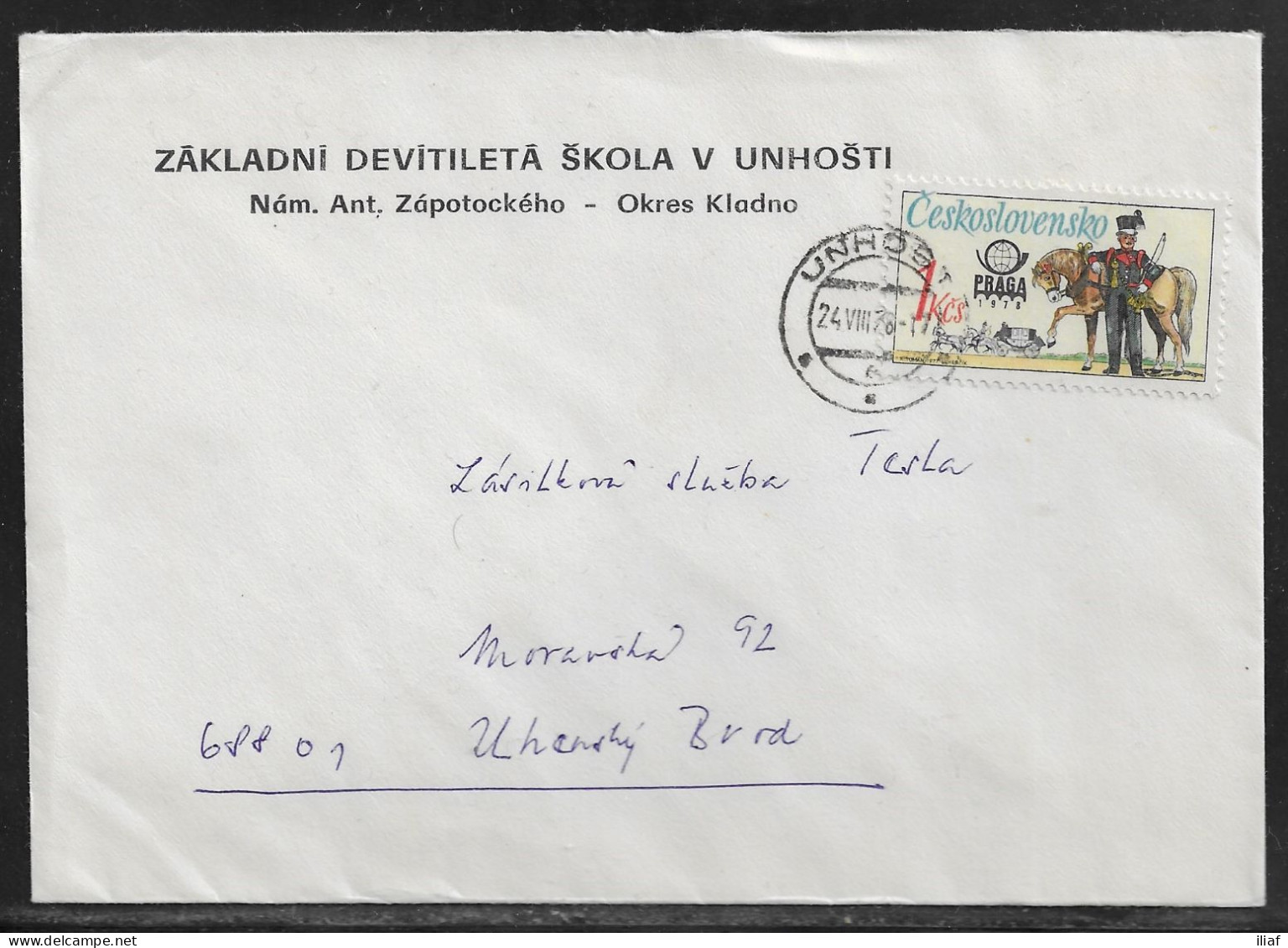 Czechoslovakia. Stamp Sc. 2117 On Letter With The Header “Zakladni Devitileta Skola V Unhosyi” Sent From Unhost 24.08.78 - Brieven En Documenten