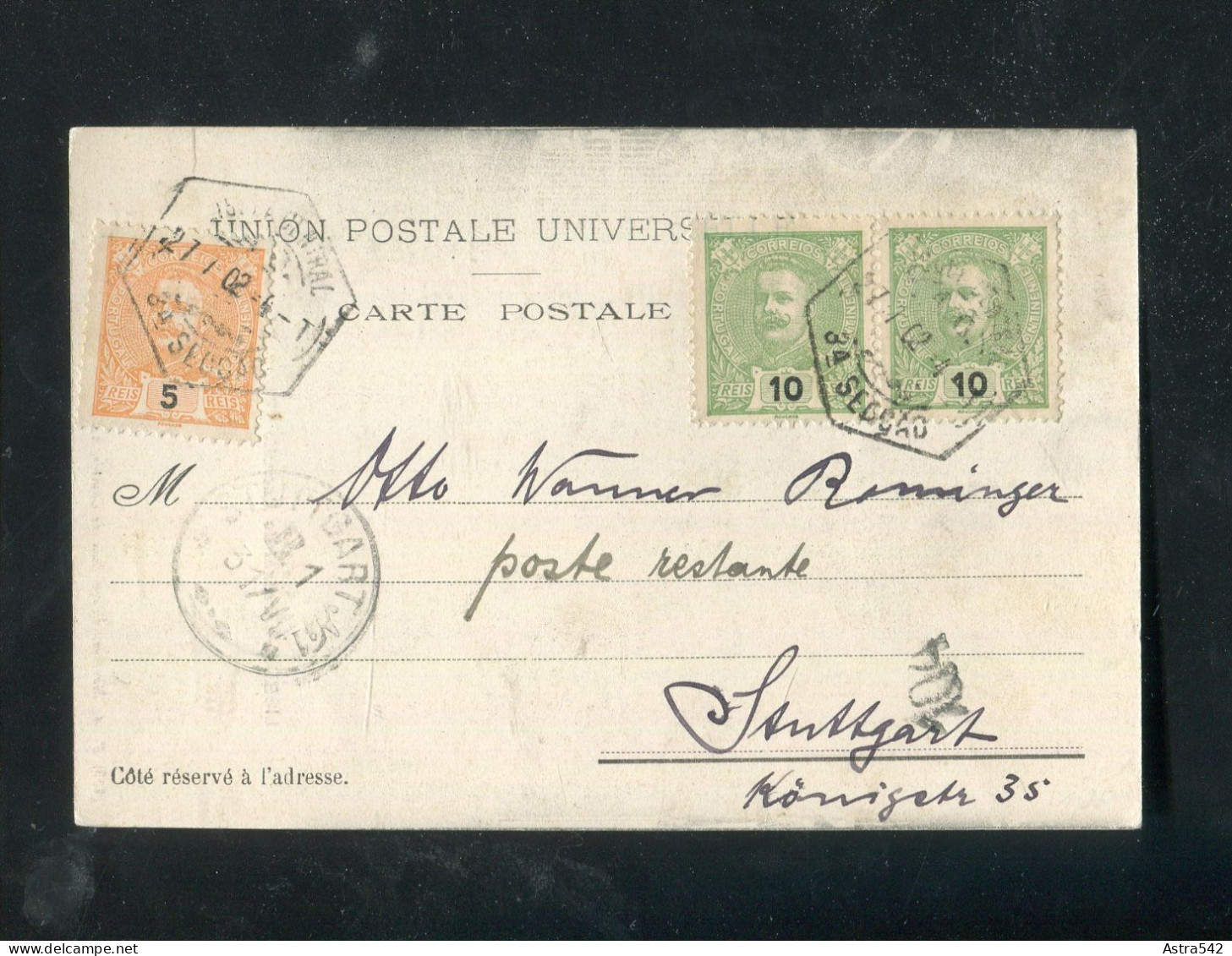 "PORTUGAL" 1902, AK Ex Lisboa MiF Nach Stuttgart (5267) - Cartas & Documentos