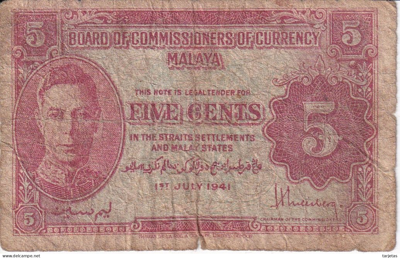 BILLETE DE MALASIA DE 5 CENTS DEL AÑO 1941 (BANKNOTE) - Maleisië