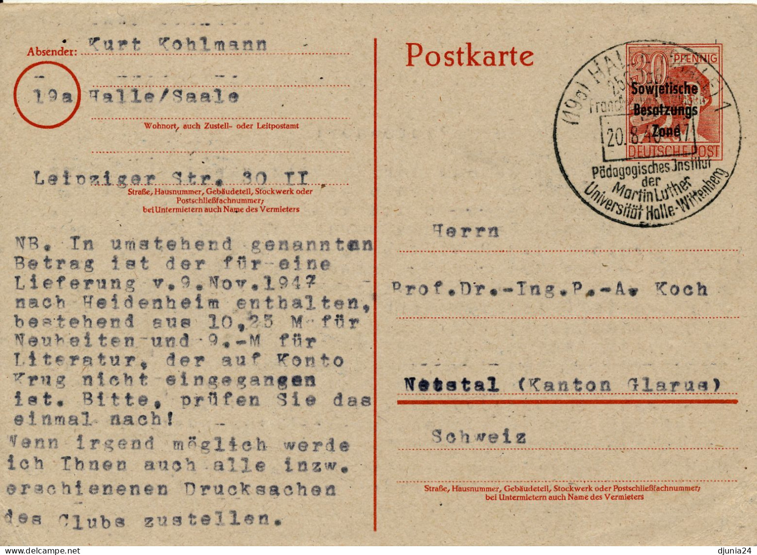 BF0146 / DDR - HALLE - 20.8.48 , Postkarte Gemeinschaftsausgabe Mit Aufdruck SBZ - Nach Netstal / CH - Michel P32 I - Cartes Postales - Oblitérées