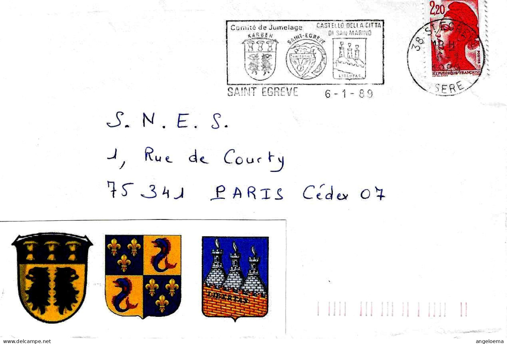 FRANCIA - 1989 SAINT EGREVE Gemellaggio Tra Karben, Saint Egreve E San Marino (stemmi) - 2885 - Cartas & Documentos