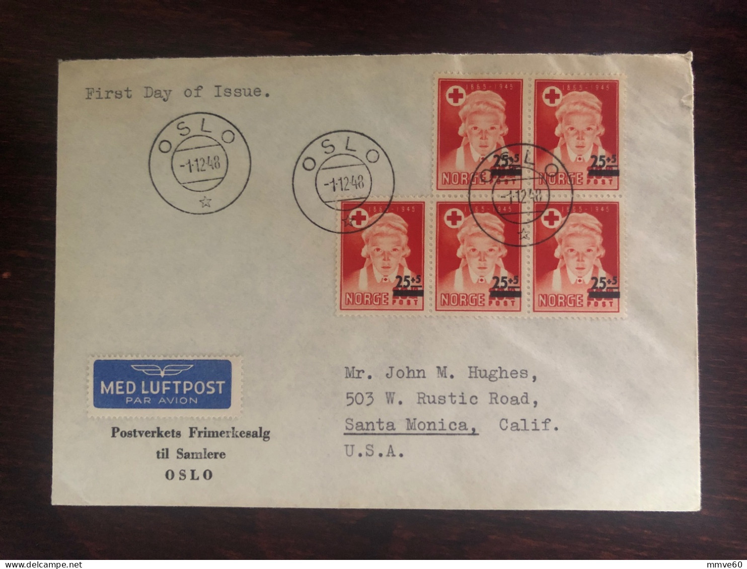 NORWAY FDC TRAVELLED COVER LETTER TO USA 1948 YEAR RED CROSS HEALTH MEDICINE STAMPS - Covers & Documents