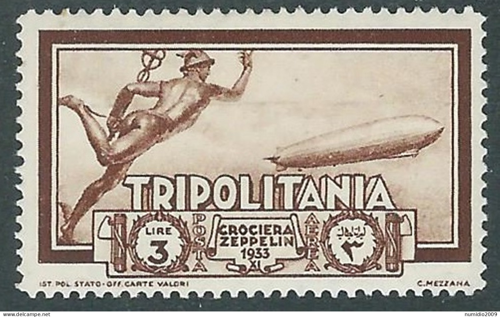 1933 TRIPOLITANIA POSTA AEREA CROCIERA ZEPPELIN 3 LIRE MH * - RA29-3 - Tripolitania