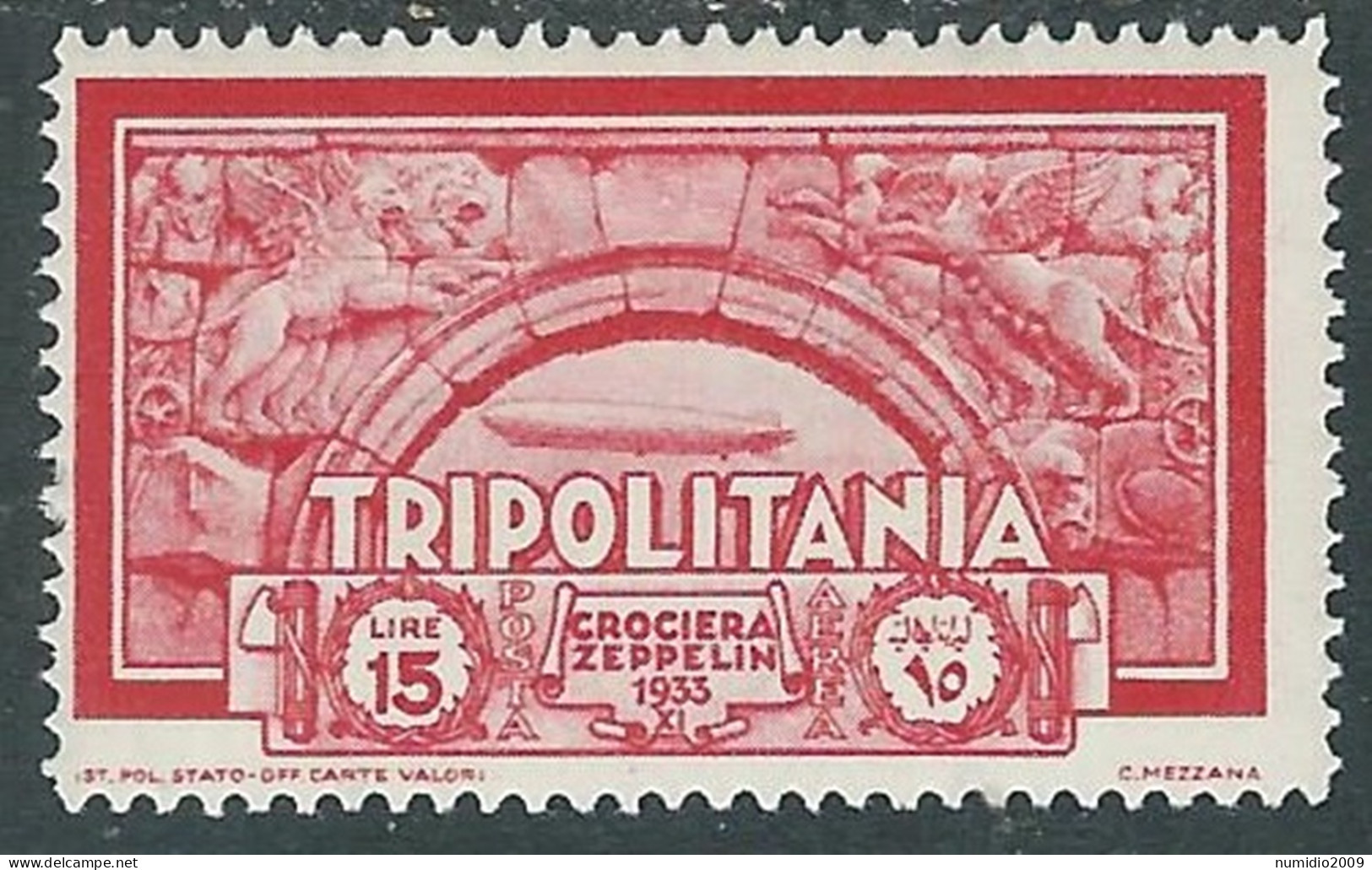 1933 TRIPOLITANIA POSTA AEREA CROCIERA ZEPPELIN 15 LIRE MH * - RA29-3 - Tripolitania