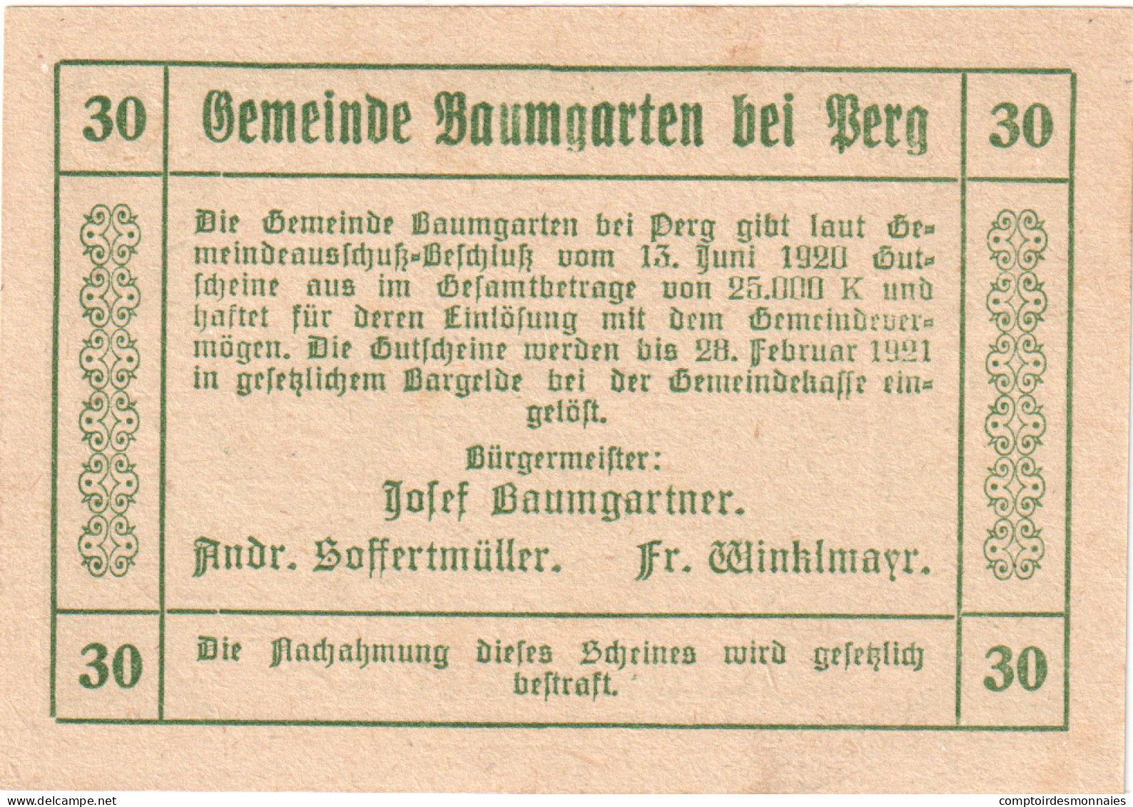 Autriche, Baumgarten, 30 Heller, Champs, 1921, 1921-02-28, SPL, Mehl:FS 78b - Oesterreich