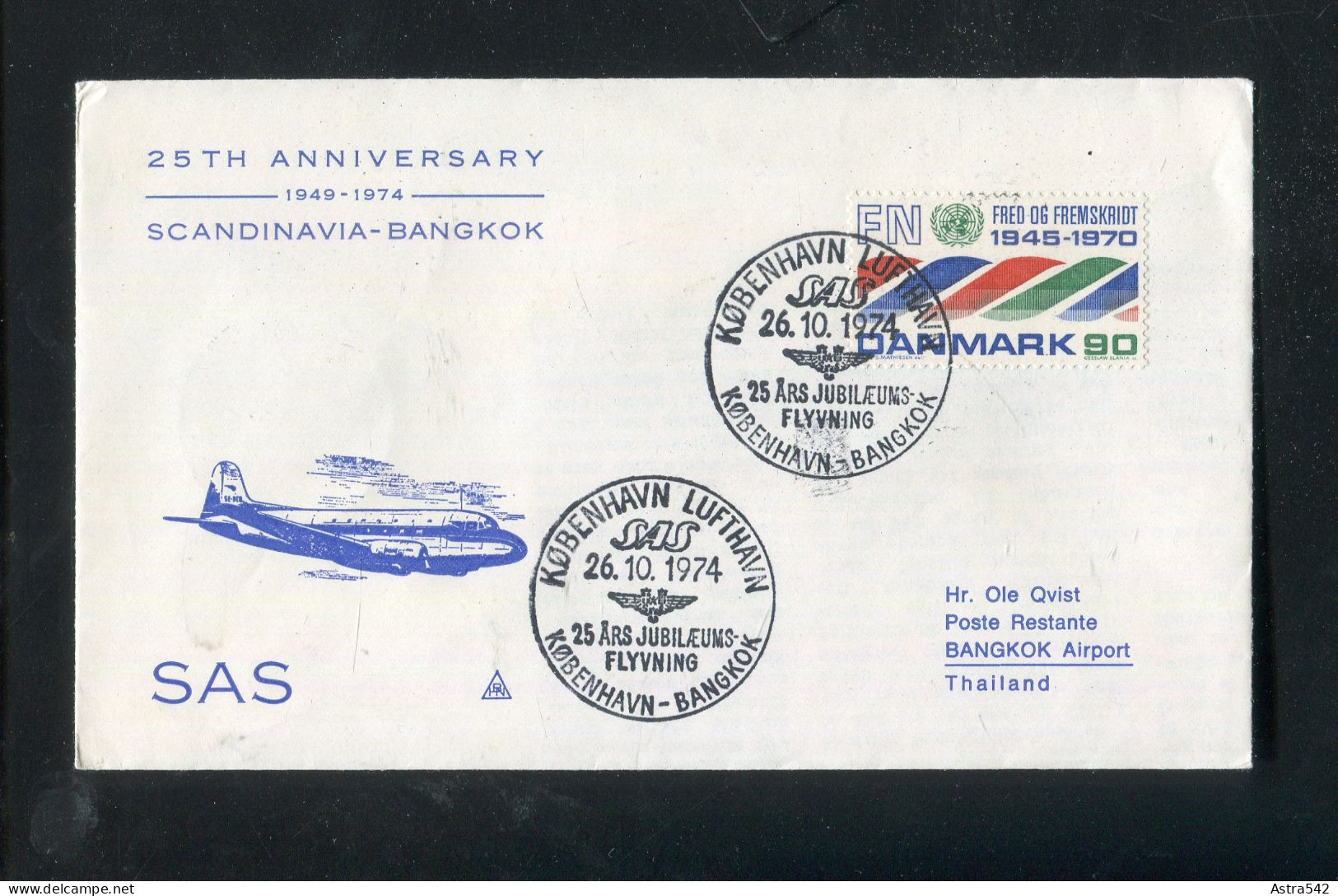 "DAENEMARK" 1974, SAS-Jubilaeumsflugbrief "Kopenhagen-Bangkok" (5287) - Airmail