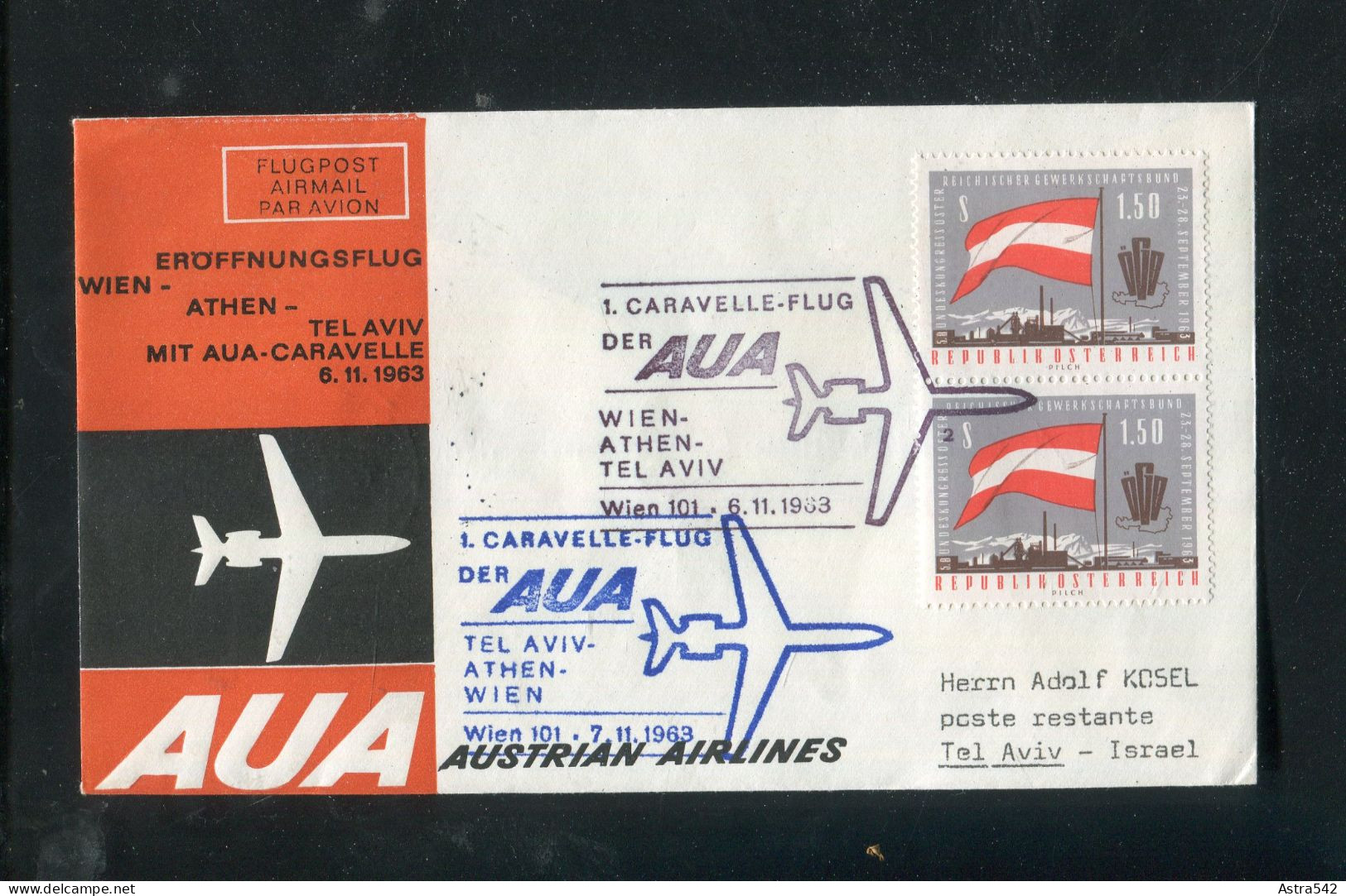 "OESTERREICH" 1963, AUA-Caravelle-Erstflugbrief "Wien-Tel Aviv" (5294) - First Flight Covers