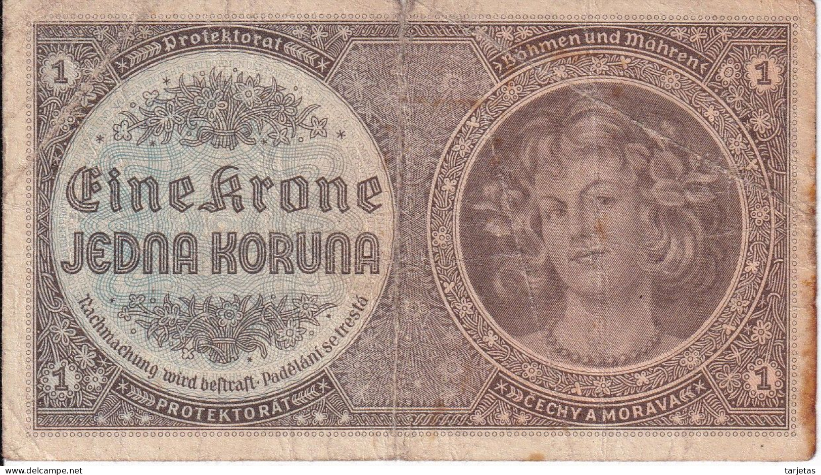 BILLETE DE CHECOSLOVAQUIA - MORAVIA DE 1 KRONE DEL AÑO 1940 (BANKNOTE) - Czechoslovakia