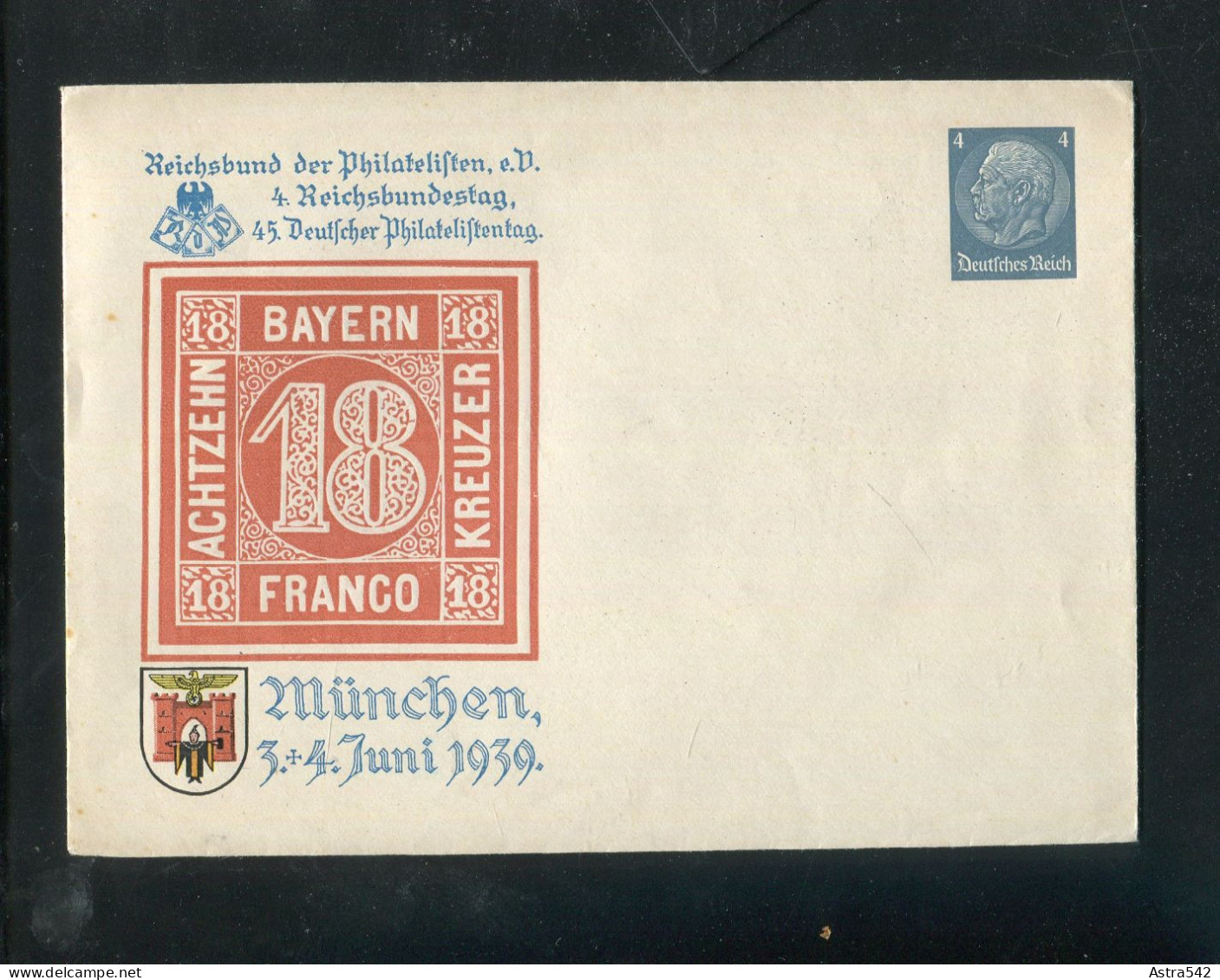 "DEUTSCHES REICH" 1939, Privat-Ganzsachenumschlag "45. Deutscher Philatelistentag Muenchen" ** (5296) - Interi Postali Privati