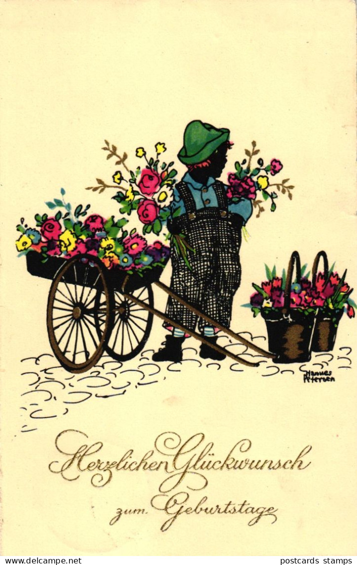Geburtstag, Junge Als Blumenverkäufer, Sign. Hannes Petersen, 1931 - Petersen, Hannes