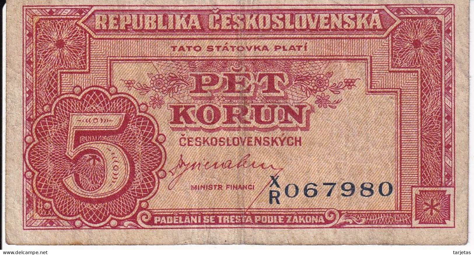 BILLETE DE CHECOSLOVAQUIA DE 5 KORUN DEL AÑO 1945  (BANKNOTE) - Tchécoslovaquie