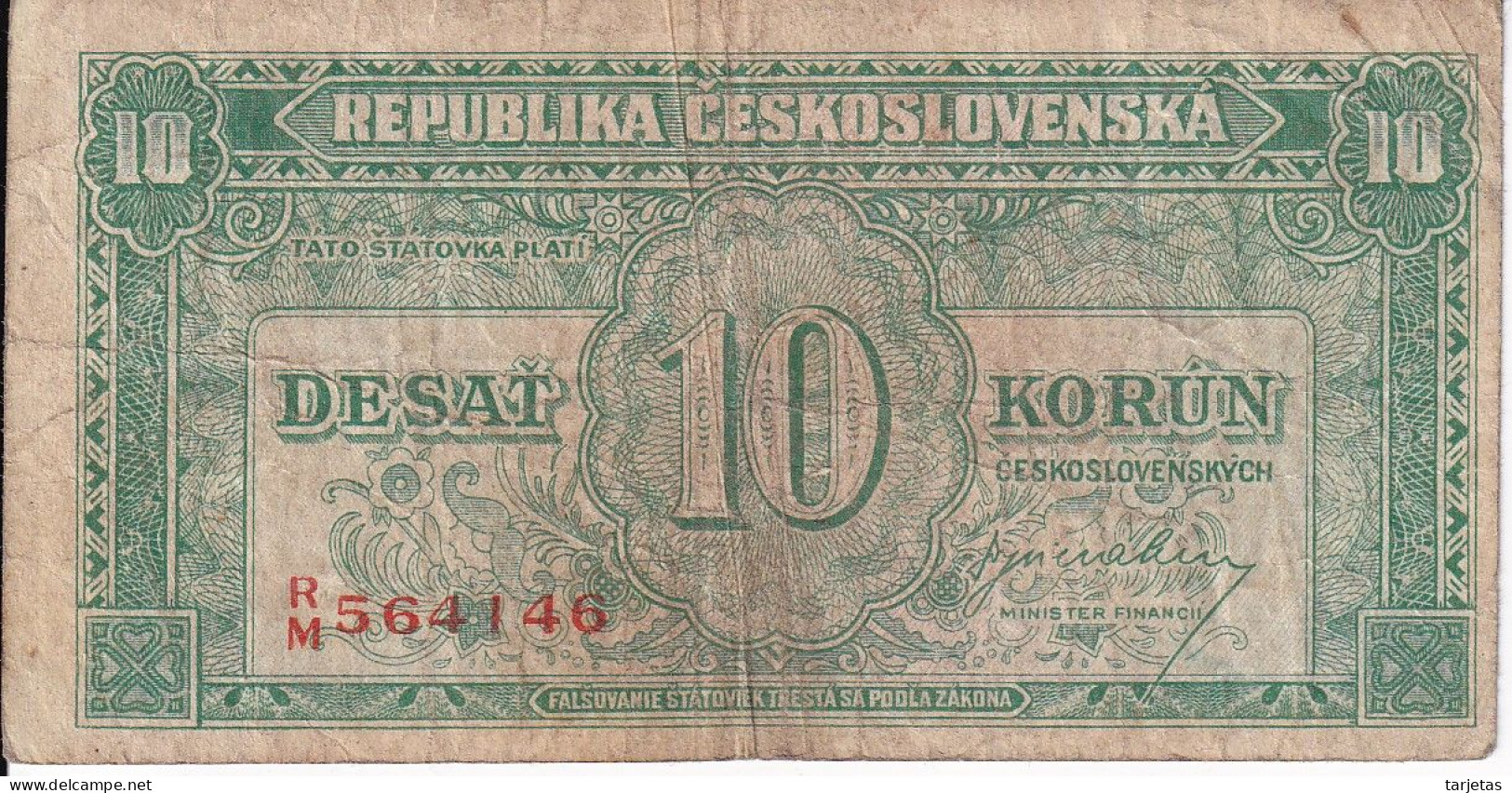 BILLETE DE CHECOSLOVAQUIA DE 10 KORUN DEL AÑO 1945  (BANKNOTE) - Cecoslovacchia