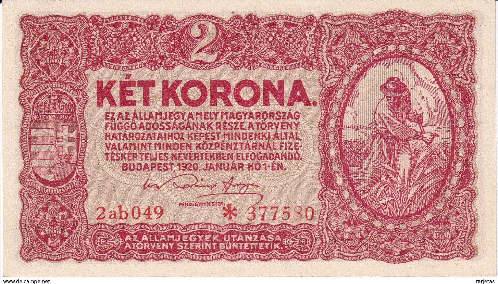 BILLETE DE HUNGRIA DE 2 KORONA DEL AÑO 1920 SIN CIRCULAR (UNC) (BANKNOTE) - Hungary