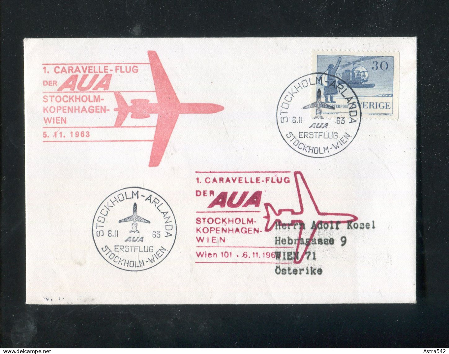 "SCHWEDEN" 1963, AUA-Caravelle-Erstflugbrief "Stockholm-Kopenhagen" (5305) - Brieven En Documenten