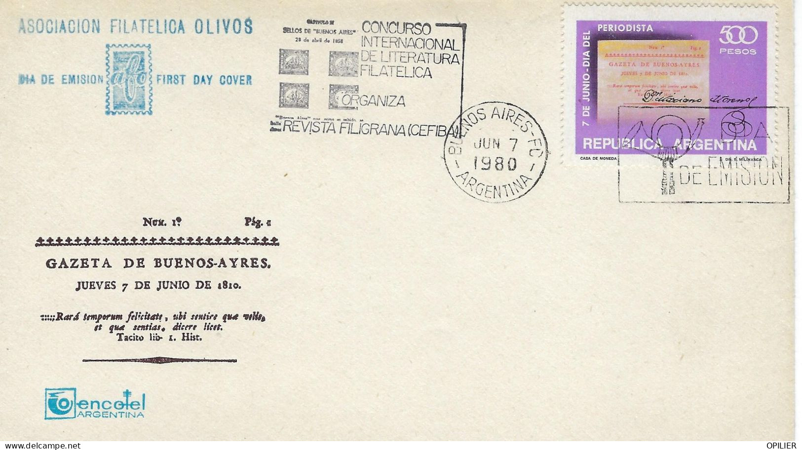 BUENOS AIRES 1980 Concours International De La Littérature Philatélie Presse Philatélie Journaux - FDC