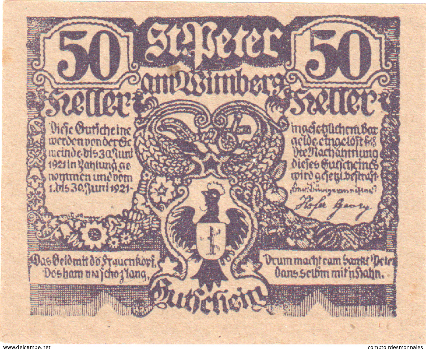 Autriche, St Peter, 50 Heller, Blason, 1921, 1920-06-30, SPL, Mehl:FS 926 - Oesterreich