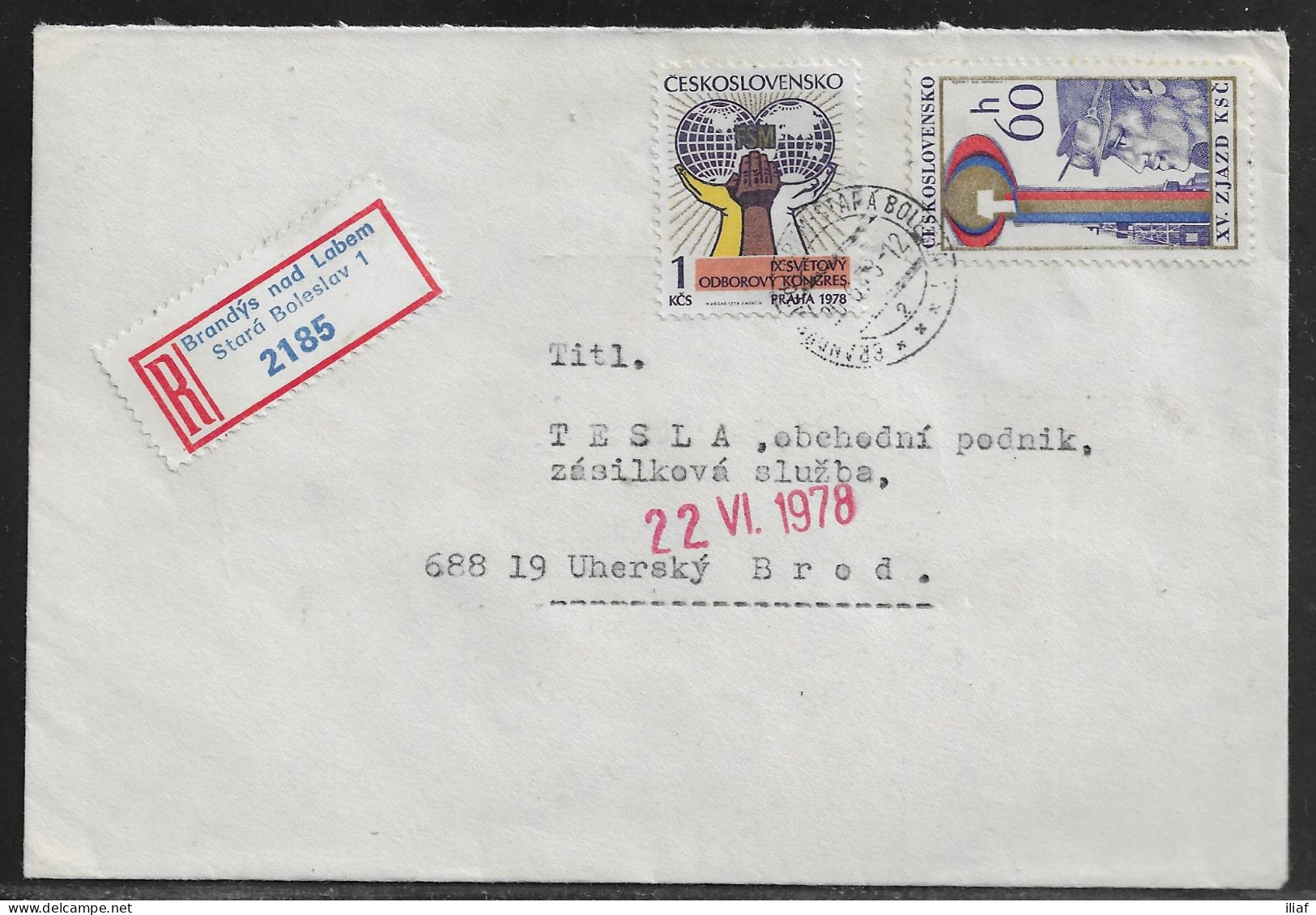 Czechoslovakia. Stamps Sc. 2167, 2062 On Registered Letter, Sent From Bramdys And Labemon 20.06.78 For “Tesla” Uhersky B - Lettres & Documents