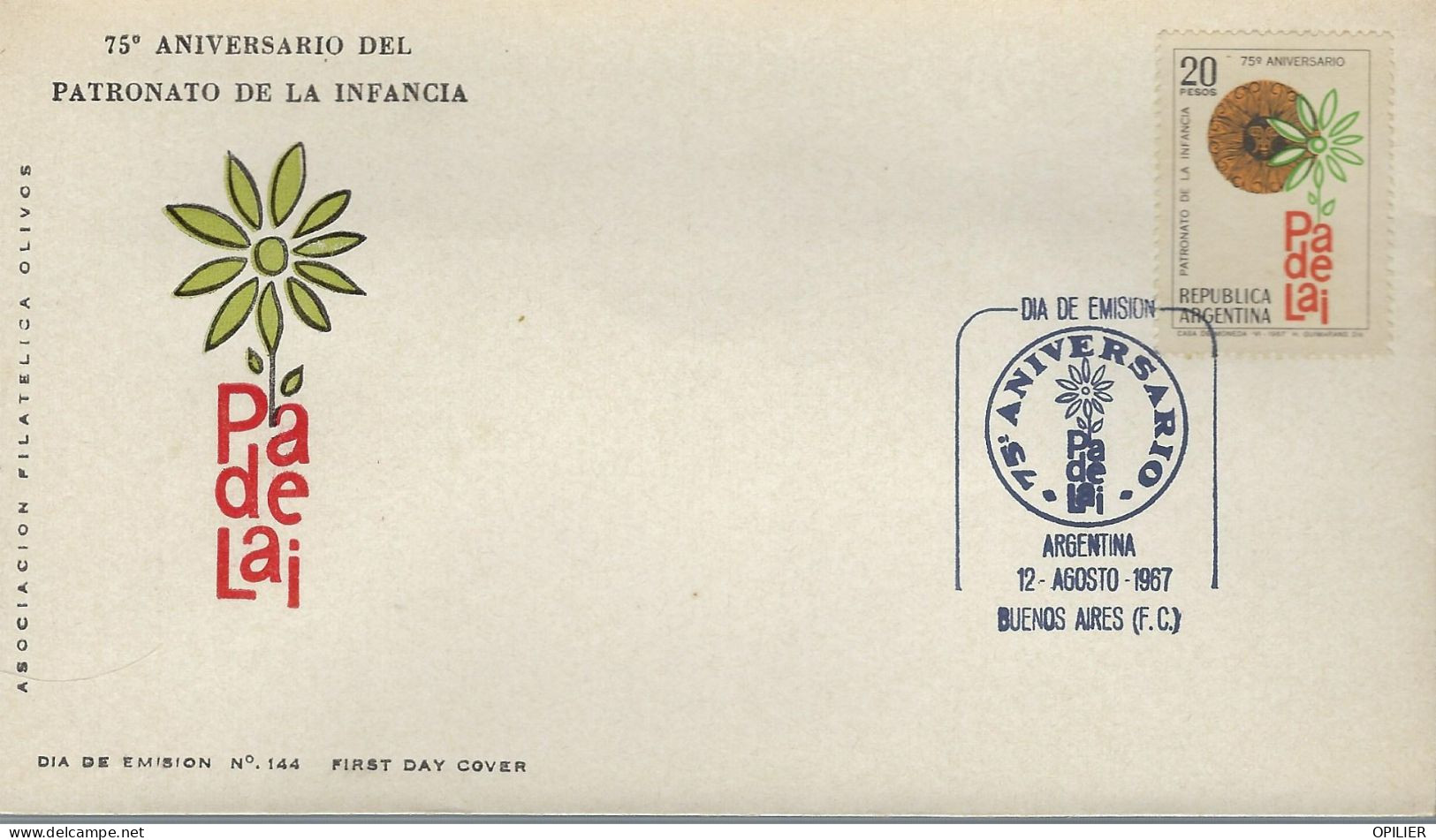 BUENOS AIRES 1967 75° Anniversaire Du Conseil Des Enfants Fleur - FDC