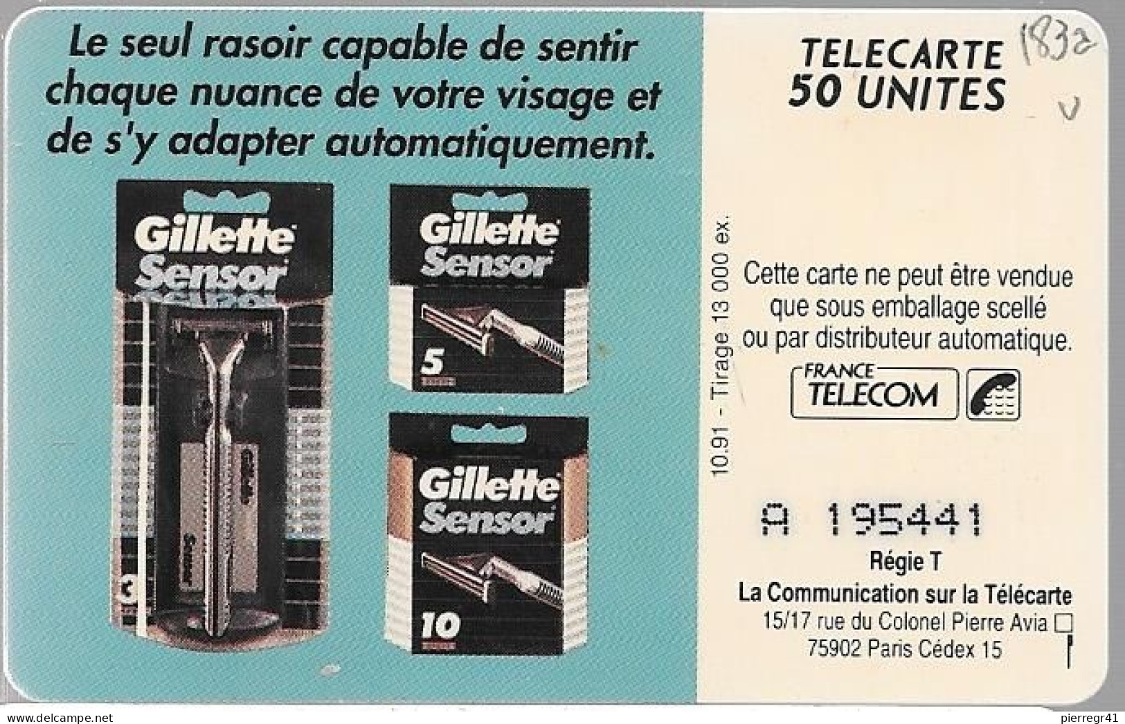 CARTE-PUCE-PRIVEE-PUBLIC-50U-EN183a-SO3-10/91-GILLETTE SENSOR-N°0593--R° Mat--V°PN° A 195441-Utilisé-TBE/RARE - 50 Unités   