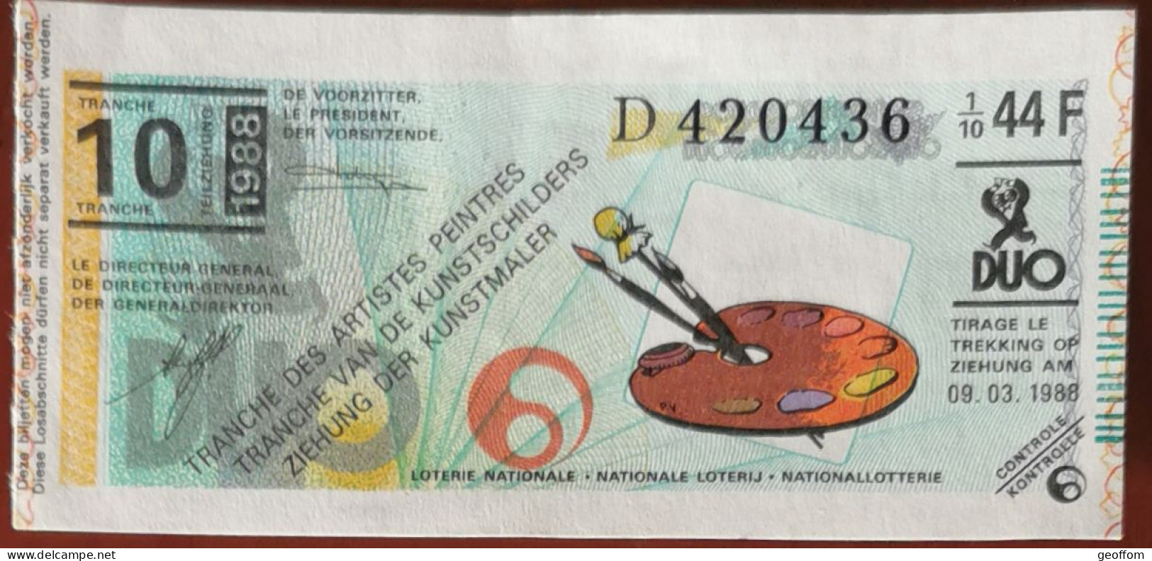 Billet De Loterie Nationale Belgique 1988 10e Tranche Des Artistes Peintres - 9-3-1988 - Billetes De Lotería