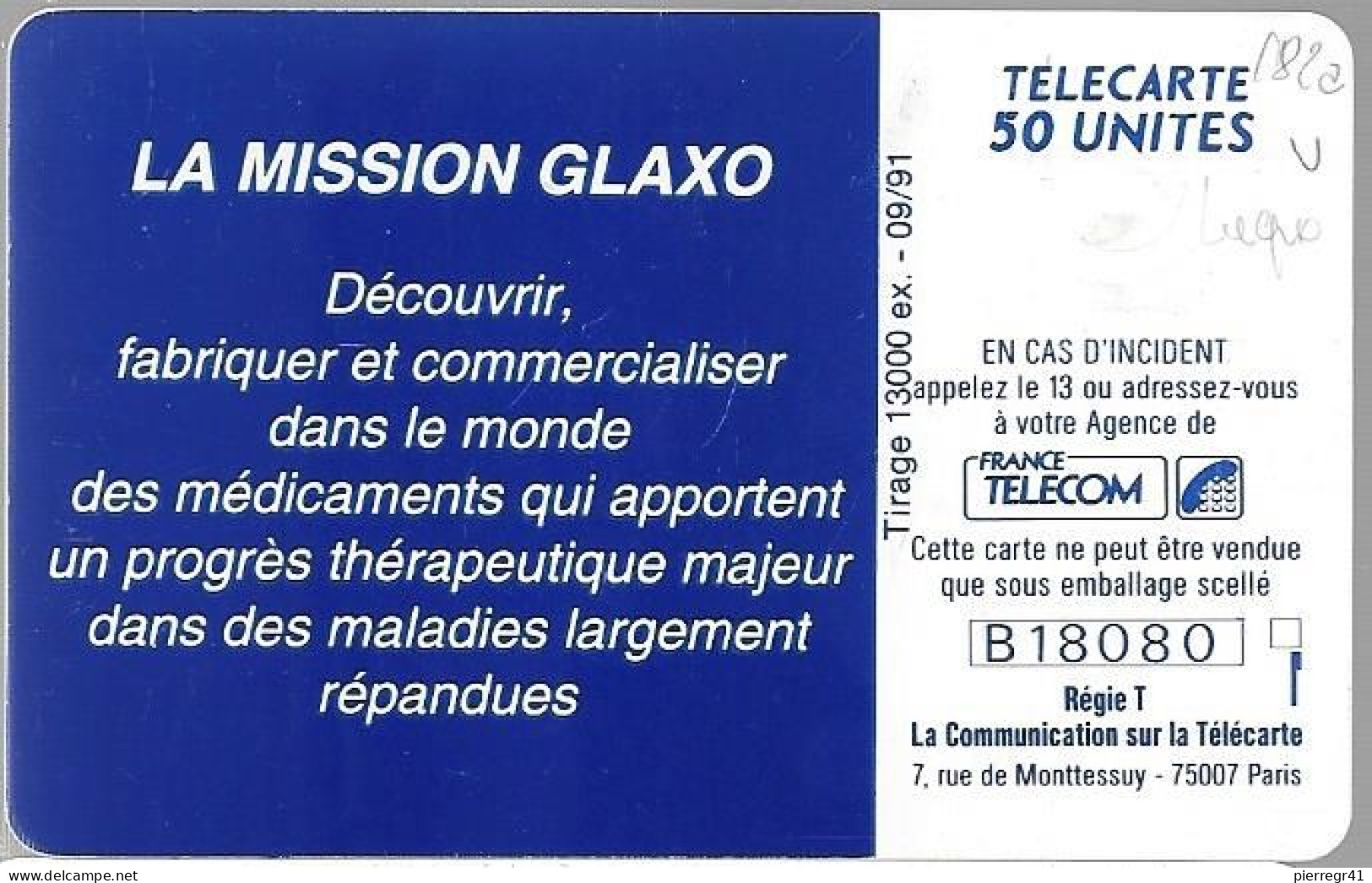 CARTE-PUCE-PRIVEE-PUBLIC-50U-EN182a-GemA-09/91-GLAXO LABO-R°Laqué--V°B18080-Utilisé-TBE/RARE - 50 Eenheden