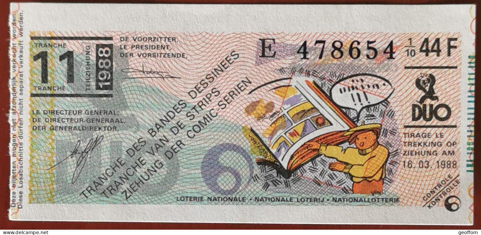 Billet De Loterie Nationale Belgique 1988 11e Tranche Des Bandes Dessinées - 16-3-1988 - Billetes De Lotería