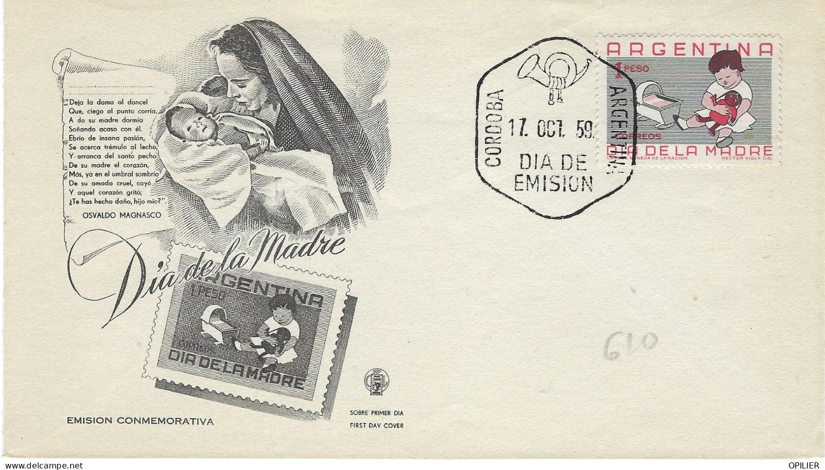 BUENOS AIRES 1959 Journée De La Mère Maman Enfant Poupée Lit - FDC