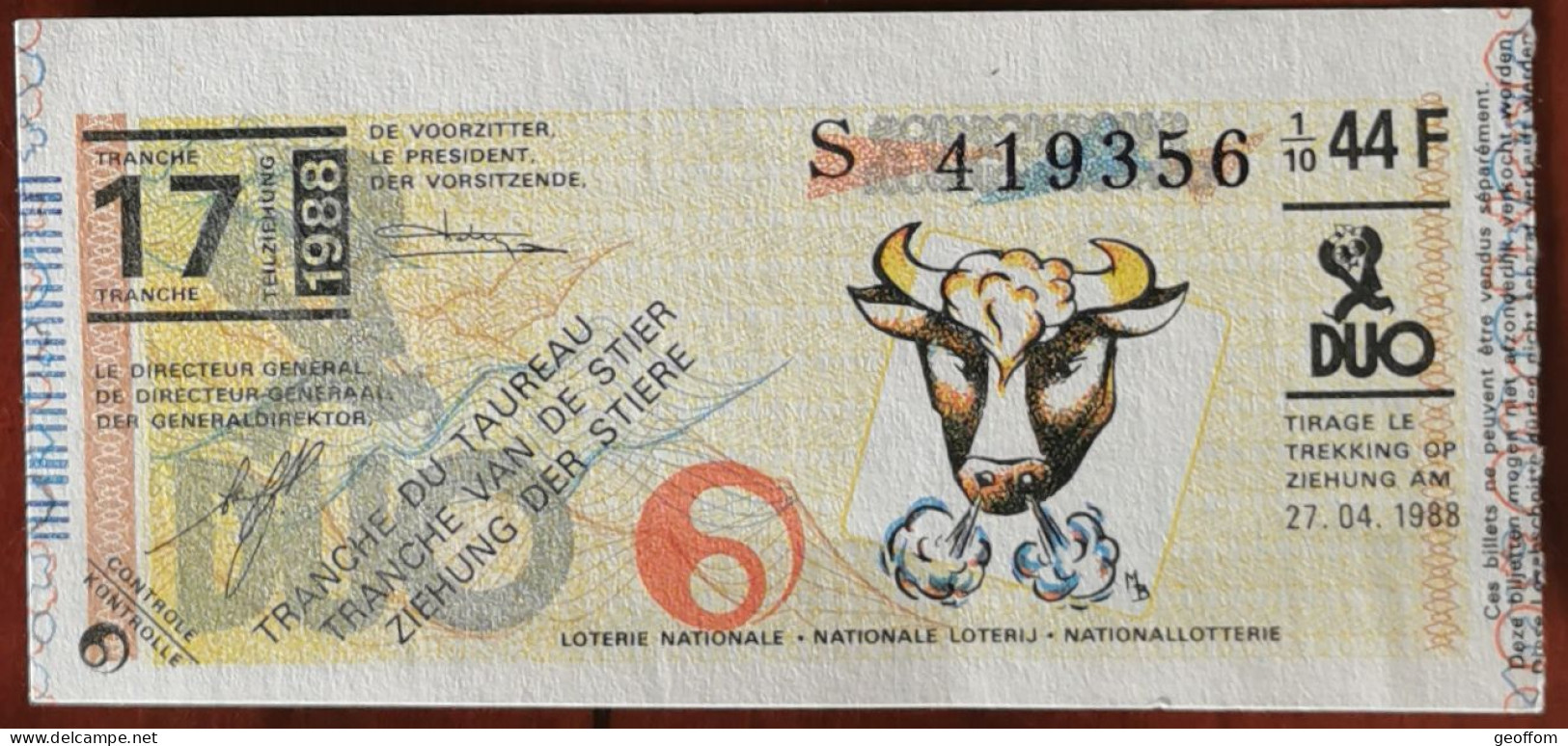 Billet De Loterie Nationale Belgique 1988 17e Tranche Du Taureau - 27-4-1988 - Biglietti Della Lotteria