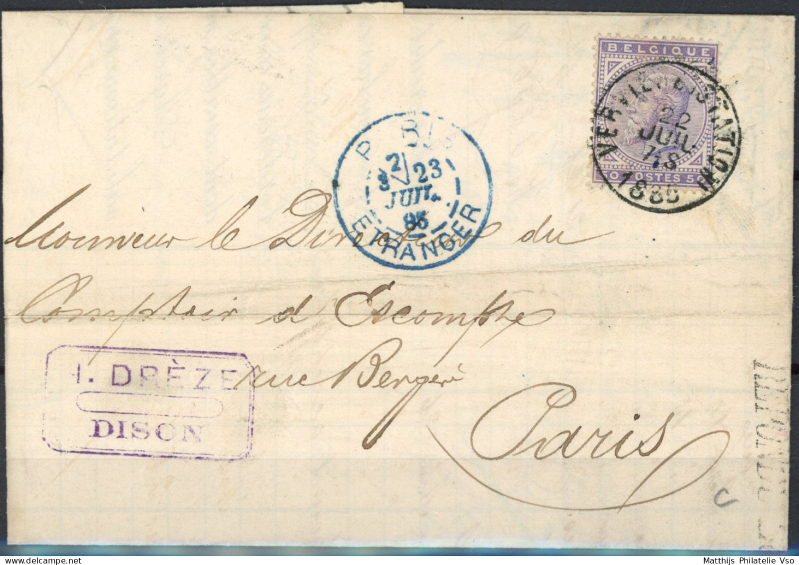 [Document SUP] N° 41 Seul Sur LAC De Verviers (Sation)  Le 22 Juillet 1885 Vers Paris. Rare Et Superbe - 1883 Léopold II