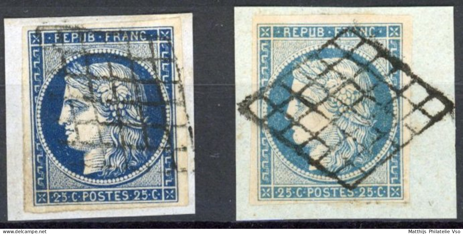 [O SUP] N° 4+4f, 25c Bleu Et Bleu Clair Avec Belles Marges Sur 2 Fragments - Superbe Obl Grille. LUXE - 1849-1850 Ceres