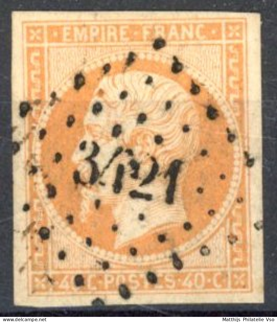 [O TB] N° 16, 40c Orange TB Margé Et Superbe Obl 'PC3421' Trévoux - 1853-1860 Napoléon III.