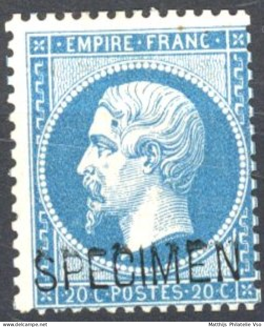 [* TB] N° 22, 20c Bleu Surchargé Specimen, Signé - Cote: 410€ - 1862 Napoléon III.