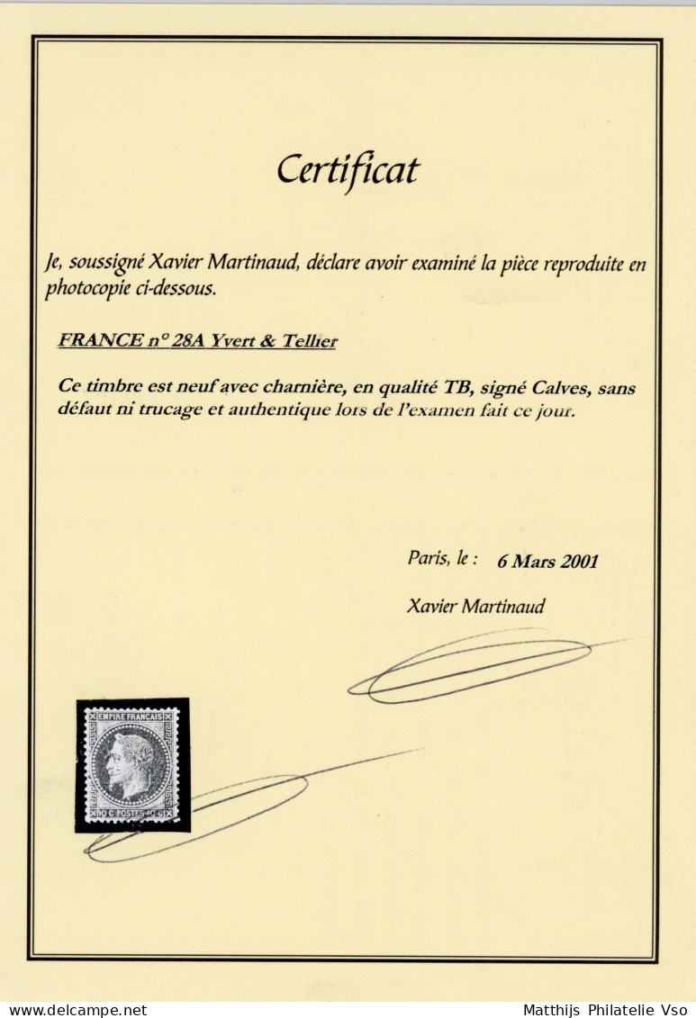 [* SUP] N° 28A, 10c Bistre (type I), Signé Calves - Certificat Photo - Cote: 850€ - 1863-1870 Napoléon III Lauré