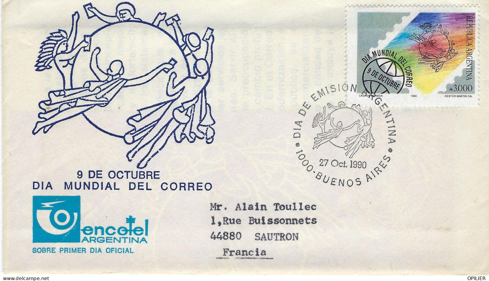 BUENOS AIRES 1990 Journée Mondiale Des Postes Terre Globe Terrestre Homme Femme. Pour Le France - FDC