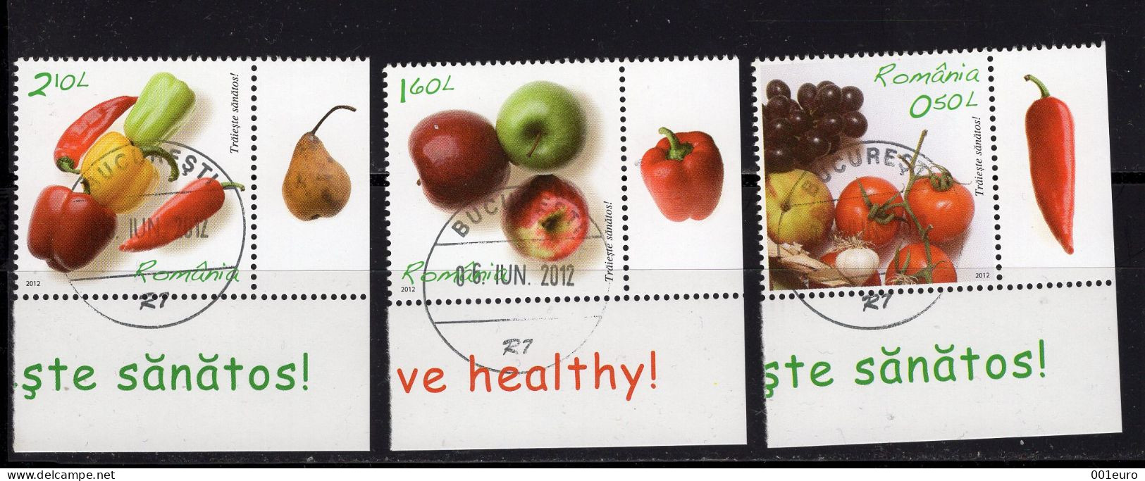 ROMANIA 2012: LIVE HEALTHY! FRUITS & VEGETABLES, Used Stamps With Margins - Registered Shipping! - Usati