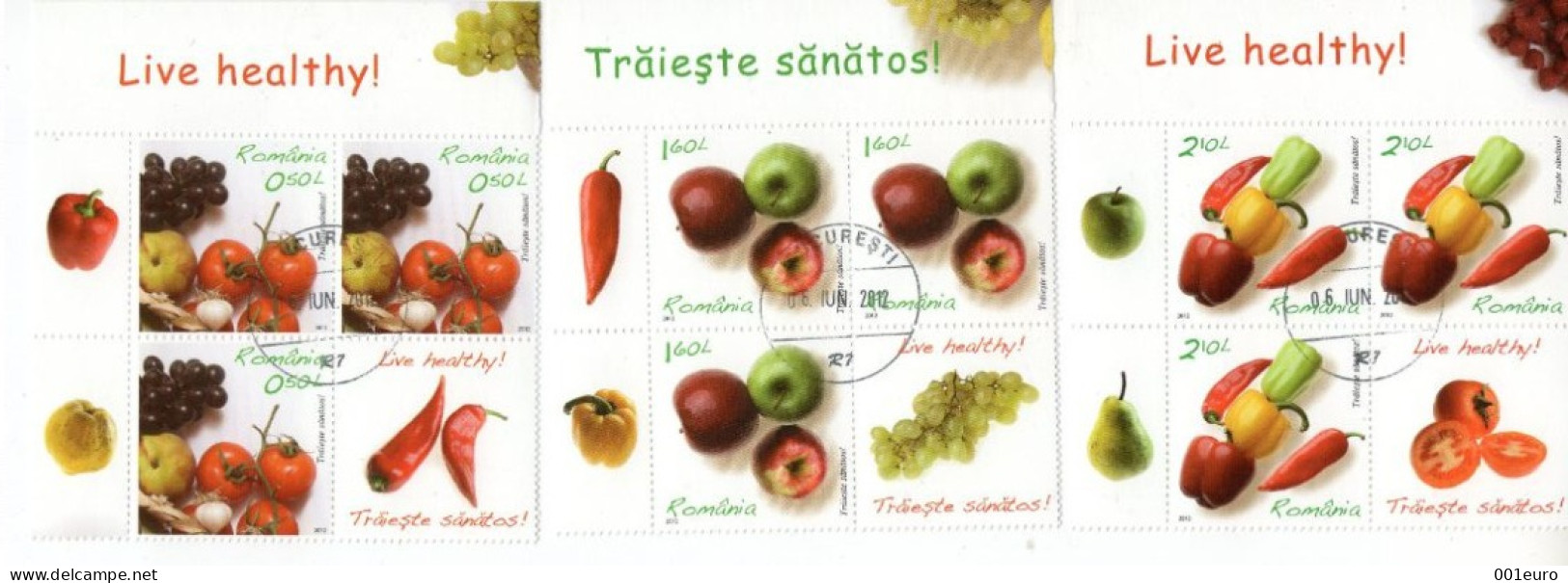 ROMANIA 2012: LIVE HEALTHY! FRUITS & VEGETABLES, Used Stamps X 3 + Vignettes - Registered Shipping! - Gebraucht