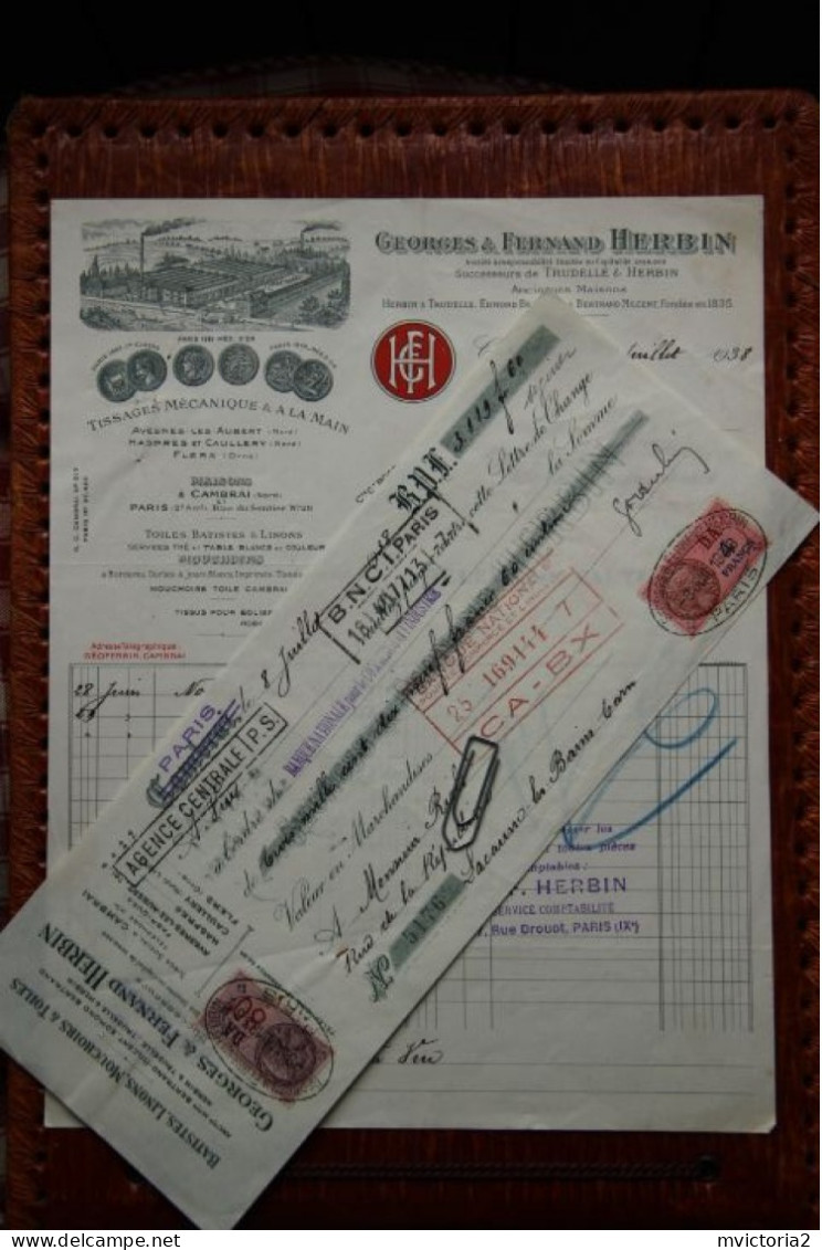 Facture Ancienne - CAMBRAI : Maison HERBIN, Tissage Mécanique Et à La Main Avec Lettre De Change - 1900 – 1949