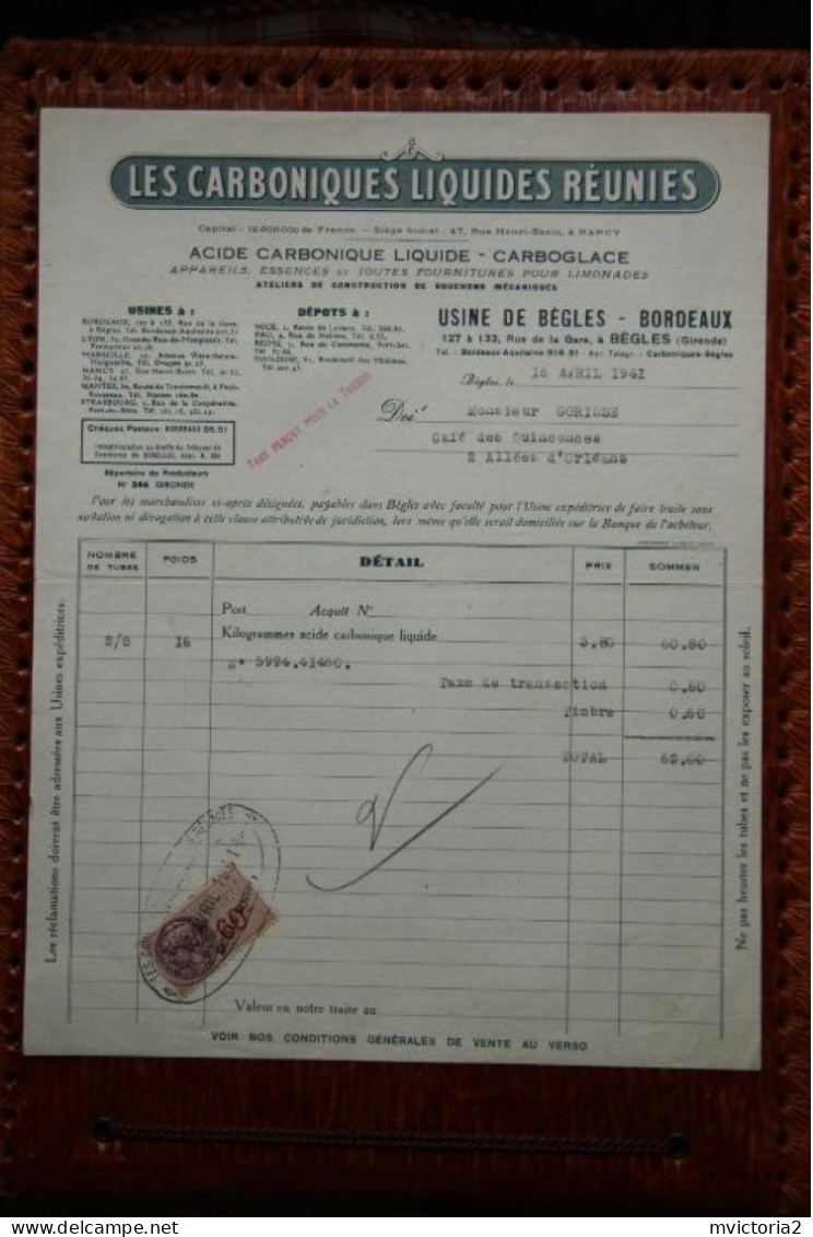 Facture Ancienne - BORDEAUX : LES CARBONIQUES LIQUIDES REUNIES - 1900 – 1949