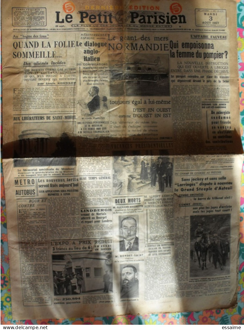 Journal Le Petit Parisien Du 3 Août 1937. Le Paquebot Normandie, Fauveau Mussolini Lindbergh Lebrun Espagne - Le Petit Parisien