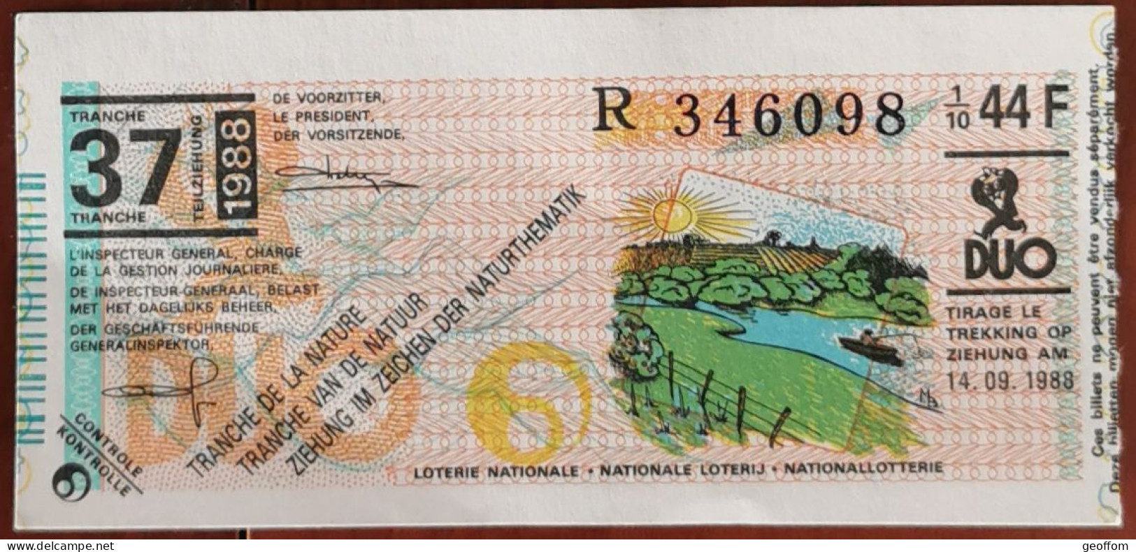 Billet De Loterie Nationale Belgique 1988 37e Tranche De La Nature - 14-9-1988 - Biglietti Della Lotteria