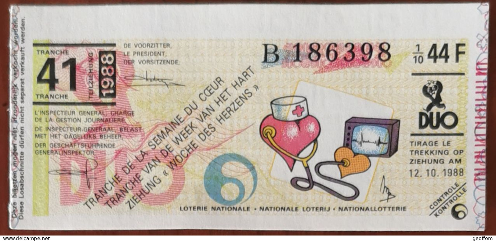 Billet De Loterie Nationale Belgique 1988 41e Tranche De La Semaine Du Cœur - 12-10-1988 - Biglietti Della Lotteria