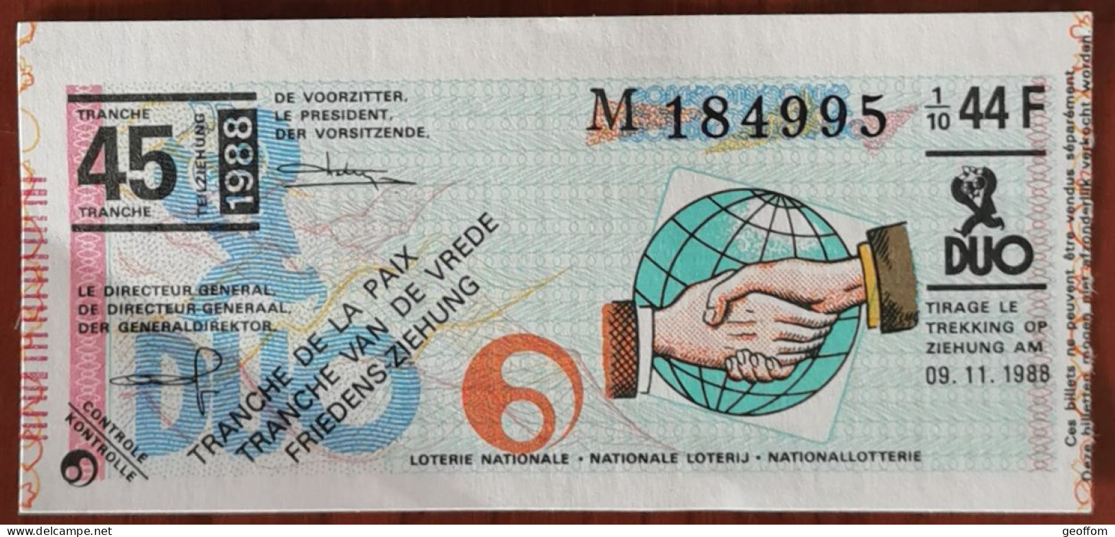 Billet De Loterie Nationale Belgique 1988 45e Tranche De La Paix - 9-11-1988 - Biglietti Della Lotteria