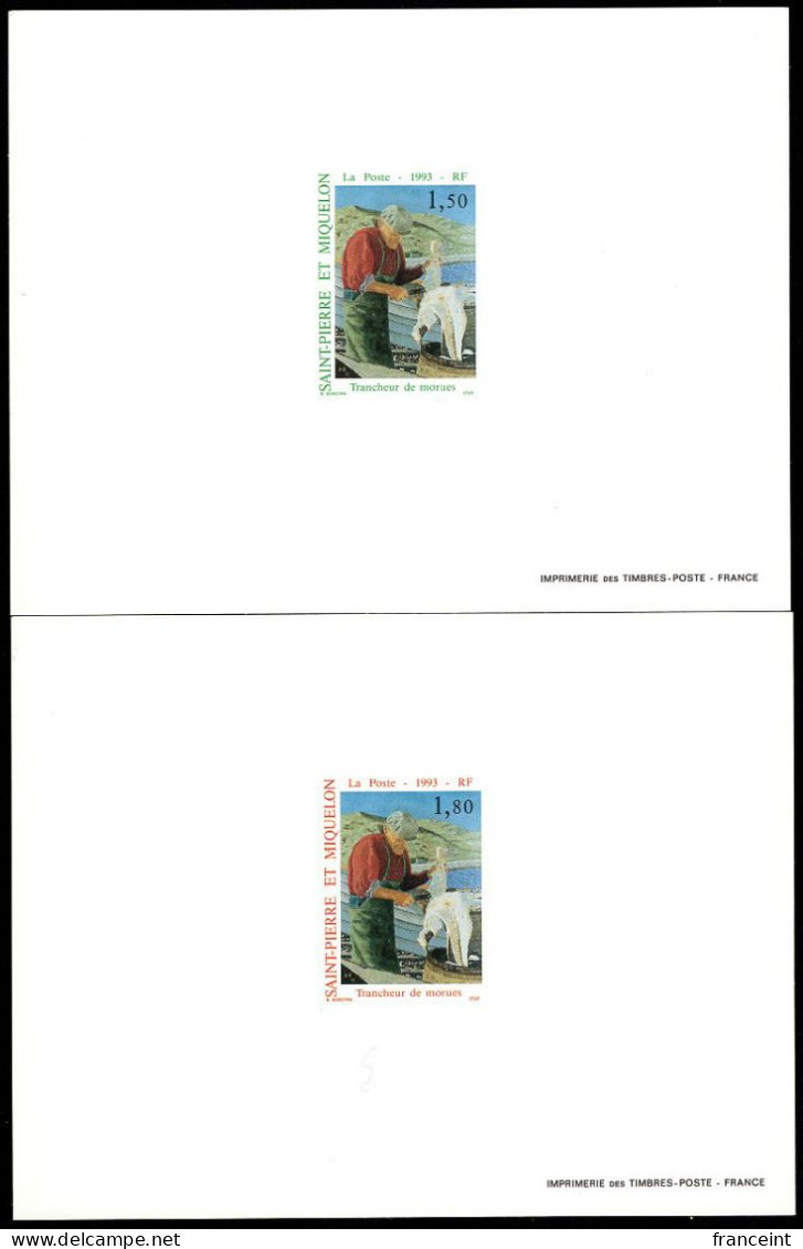 ST. PIERRE & MIQUELON(1993) Fisherman Slicing Cod. Set Of 2 Deluxe Sheets. Scott Nos 589-90. - Imperforates, Proofs & Errors