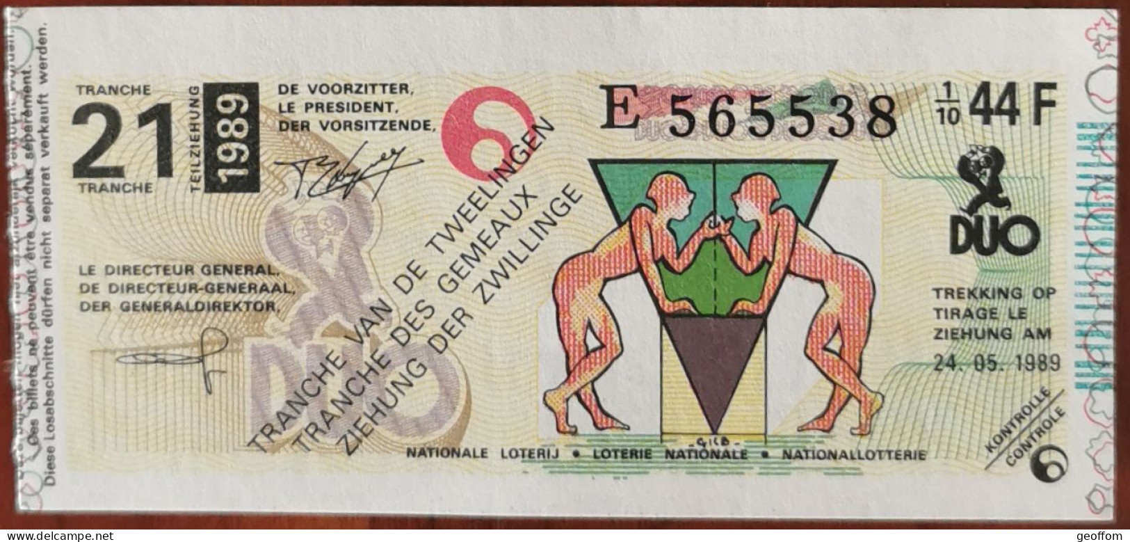 Billet De Loterie Nationale Belgique 1989 21e Tranche Des Gémeaux - 24-5-1989 - Biglietti Della Lotteria