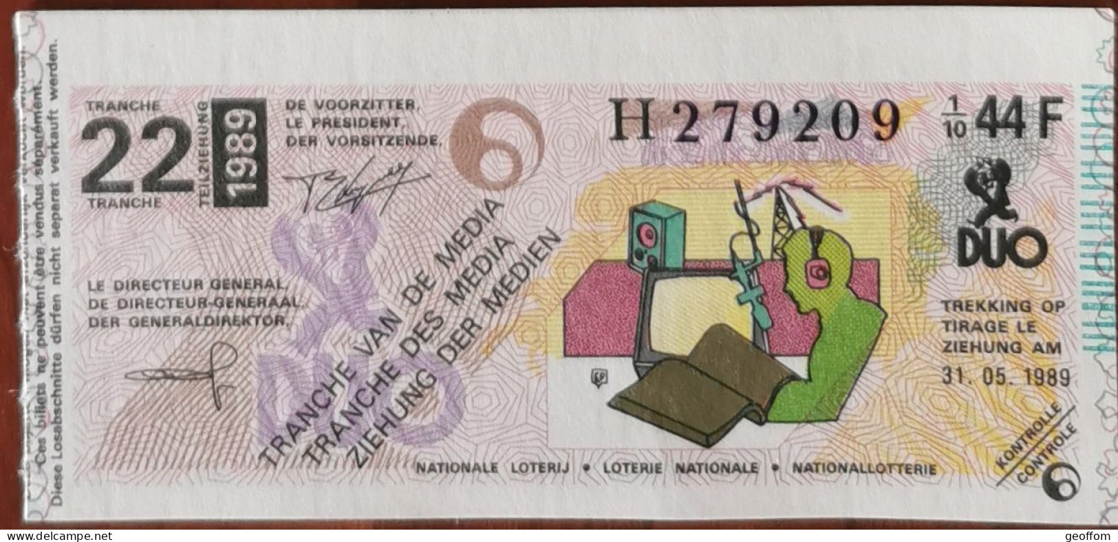 Billet De Loterie Nationale Belgique 1989 22e Tranche Des Média - 31-5-1989 - Biglietti Della Lotteria