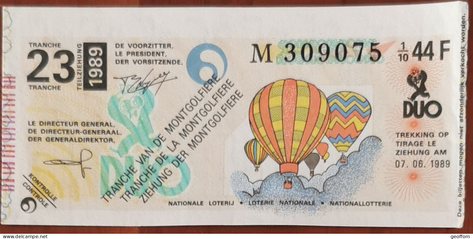 Billet De Loterie Nationale Belgique 1989 23e Tranche De La Montgolfière - 7-6-1989 - Biglietti Della Lotteria