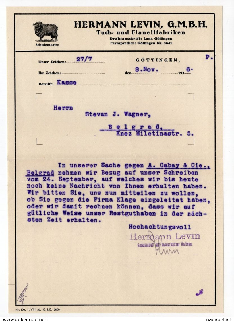 1926. GERMANY,GOTTINGEN,JUDAICA?HERMAN LEVIN,LETTERHEAD,RAM,SHEEP,LETTER TO BELGRADE,SERBIA - 1900 – 1949