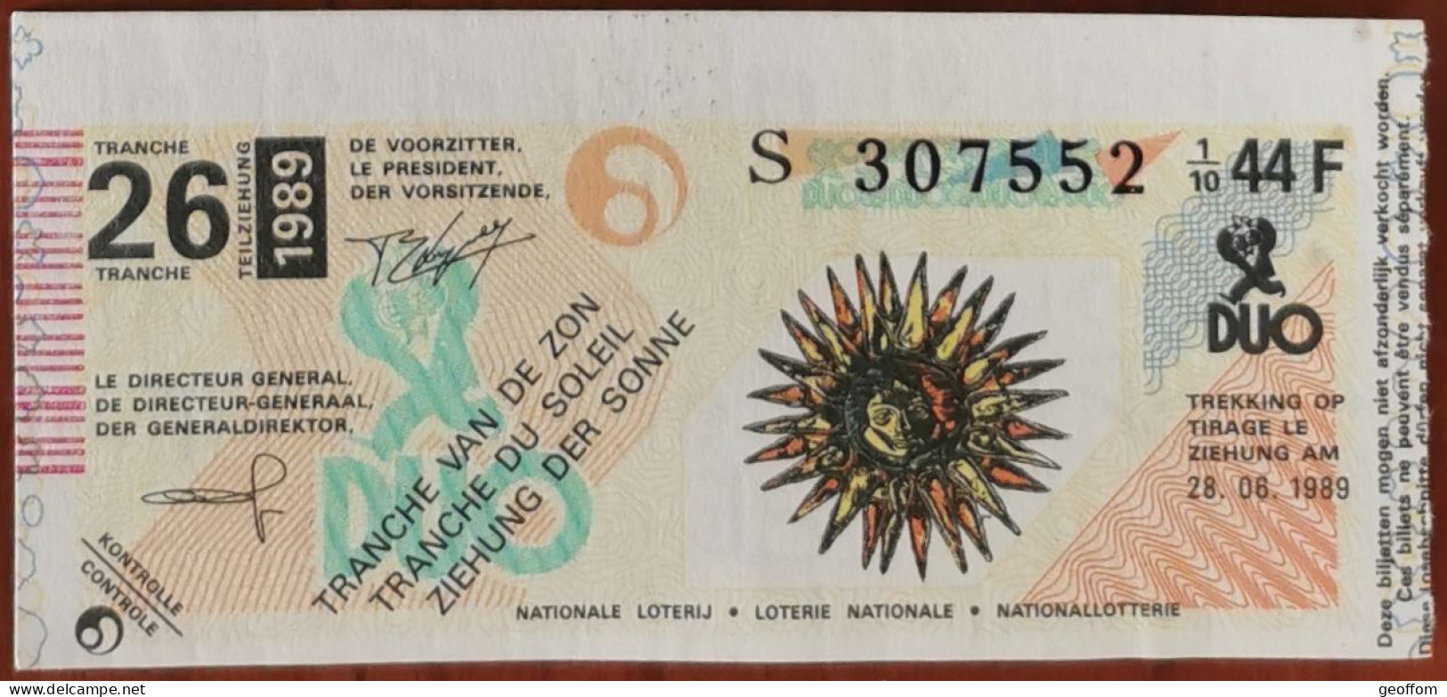 Billet De Loterie Nationale Belgique 1989 26e Tranche Du Soleil - 28-6-1989 - Biglietti Della Lotteria