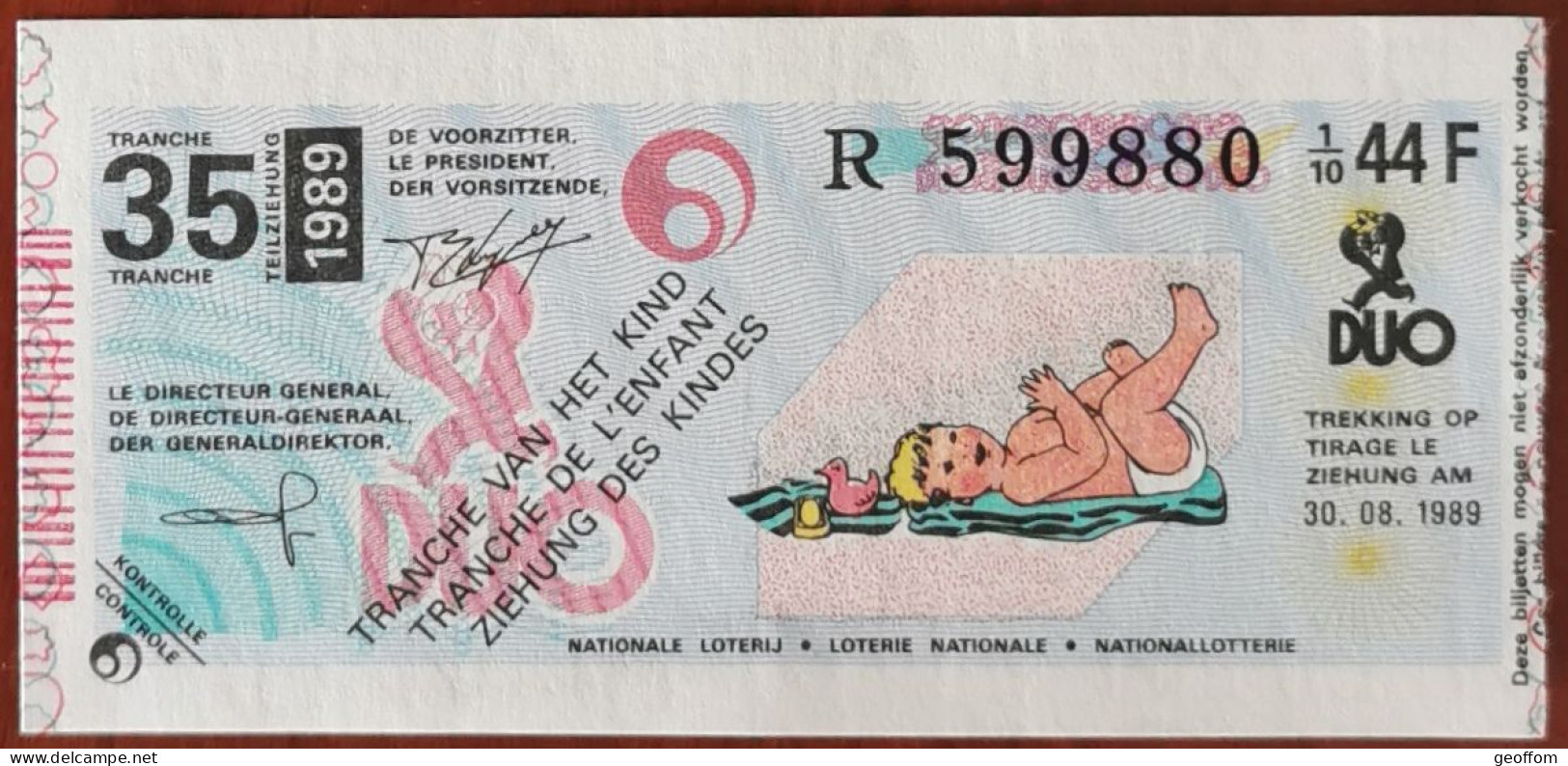 Billet De Loterie Nationale Belgique 1989 35e Tranche De L'Enfant - 30-8-1989 - Biglietti Della Lotteria